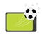 Genering tablet PC gadget. Tab with blank screen. Soccer ball flying from touch screen. Star shining speed shape. Green grass fiel