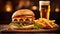 A generous cheeseburger with a pack of fries and a glass of beer. Traditional bar meal.