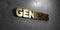 Genesis - Gold sign mounted on glossy marble wall - 3D rendered royalty free stock illustration