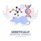 Genetically modified animals poster, rat and changed DNA helix, flat vector illustration on white background.