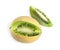 Genetically modified melon with kiwi on white background, top view