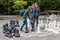 Geneva, Switzerland - April 16, 2019: People playing traditional oversized street chess in Parc des Bastions