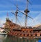 GENOA, ITALY - september 21, 2010: Galleon Neptun in Porto antico, Beautiful ancient ship, replica pirate sailboat.