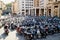 Genoa, Italy - September, 25, 2019: Motorcycles, scooters, bikes, mopeds Parking on street of Genoa city in Italy