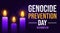 Genocide Prevention Day banner with glowing candles, typography and purple backdrop