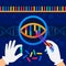 Genome sequencing concept. Nanotechnology and biochemistry laboratory. The hands of a scientist working with a dna helix