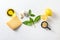 Genovese pesto ingredients concept or ingredients Parmesan cheese, basil leaves, pine nuts, olive oil, garlic, salt, pepper and