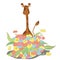 Gentle and cheerful giraffe with a large bouquet of flowers.