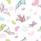 Gentle cheerful seamless pattern of butterflies, hearts in pastel colors to create a cozy, good mood.