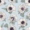 Gentle floral pattern with light biege spring flowers Anemone in vintage watercolor style on light blue background. Vector hand