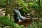 A gentle flowing cascade waterfall surrounded by lush greenery