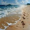 Gentle footprints in the sand leading towards the ocean