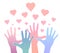 Gentle illustration of color gradient human hands with hearts. International day of friendship and kindness. The unity of people.