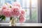 Gentle light, pink peony, window, and soft blurred backdrop