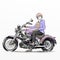 Gentle man riding big violet motorcycle with his dog