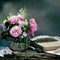 Gentle pink roses bouquet with old books on a old wooden background