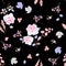 Gentle seamless natural pattern with white roses, branches of spiraea, leaves of viburnum and dandelion on black background