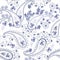 Gentle seamless pattern with blue paisley, leaves and flowers on white background. Ethnic style. Indian, turkish, arabic motifs