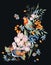 Gentle watercolor bouquet with pair of birds, pink, light blue flowers, blue and orange berries, twigs, leaves, buds