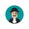 Gentleman avatar in blue circle. Man`s head with moustache, lorgnette glasses and bowler hat