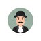 Gentleman avatar in green circle. Man`s head with moustache and bowler hat