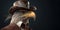 Gentleman, boss bald eagle in hat, suit and tie. Banner header. AI generated