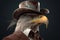 Gentleman, boss bald eagle in hat, suit and tie. Banner header. AI generated