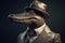 Gentleman boss crocodile aligator in hat, suit and tie. Banner header. AI generated.