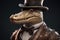Gentleman boss crocodile aligator in hat, suit and tie. Banner header. AI generated