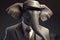 Gentleman boss elephant with a trunk and big ears wearing a hat, suit and tie. Banner header. AI generated