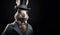 Gentleman, boss fluffy rabbit, hare in a hat, suit and tie. Banner header. AI generated.