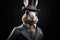 Gentleman, boss fluffy rabbit, hare in a hat, suit and tie. Banner header. AI generated.
