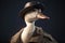 Gentleman boss white goose in a hat, suit and tie. Banner header. AI generated