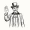 Gentleman in bowler hat and coat raises his right hand in warning. Vintage engraving style. Victorian Era vector