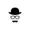 Gentleman icon isolated on white background. Silhouette of man`s head with moustache, hipster glasses and bowler hat.