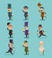 Gentleman Victorian Characters Different Poses and Actions Icons Set Isolated Flat Design Vector Illustration