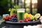 Gently Lit Table with Brightly Decorated Smoothie Glass and Fresh Fruits and Veggies