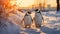 Gentoo penguins waddling on ice, enjoying tranquil arctic sunset generated by AI