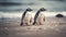 Gentoo penguins waddling on icy coastline generated by AI