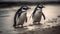 Gentoo penguins waddling on snowy coastline generated by AI