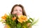 Genuinely Happy Woman Behind the Flower Bouquet Looking up and E