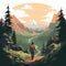 Geocaching Illustration: Hiking In The Woods With Mountains