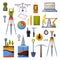 Geodesy Equipment Collection, Geodetic Engineering Instruments and Devices Flat Style Vector Illustration on White