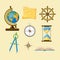 Geography school set with Earth globe, topography map, ship wheel, compass, hourglass, windrose and book icons.