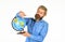 Geography teacher. Earth globe. Pick next destination point. Travel and wanderlust. Bearded man with globe. Ecology