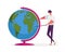 Geography Teacher Male Character Conducting Class Pointing on Huge Globe Stand in Classroom