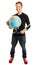 Geography teacher smiling and holding a globe