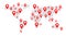 Geolocation on the world map. Planet Earth. America, Asia, Africa, USA. Red markers  icons. Map of points. Global network.