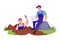 Geological expedition, man dug up and found an interesting mineral, man with a laptop sits on stone vector illustration