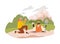 Geological expedition, man dug up and found an mineral, woman scientist with magnifying glass flat vector illustration